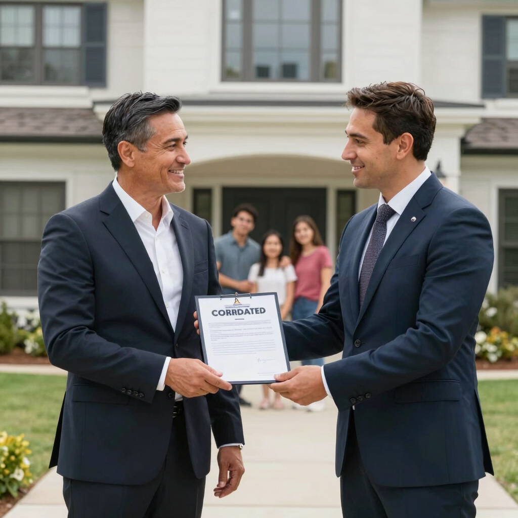 A friendly real estate agent warmly greeting clients inside a stylish, minimalist office